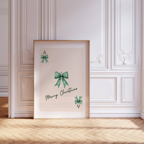 Merry Christmas Green Coquette Bow Ace Card Holiday Art Poster