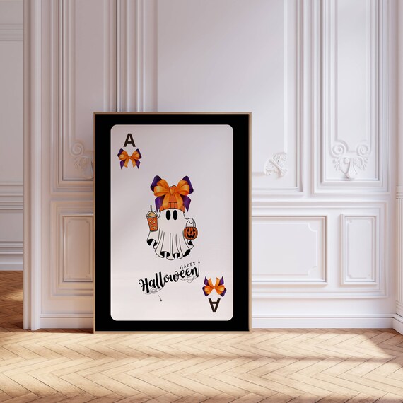 Happy Halloween Cute Ghost Bow Ace Card Trick Or Treat Art Poster
