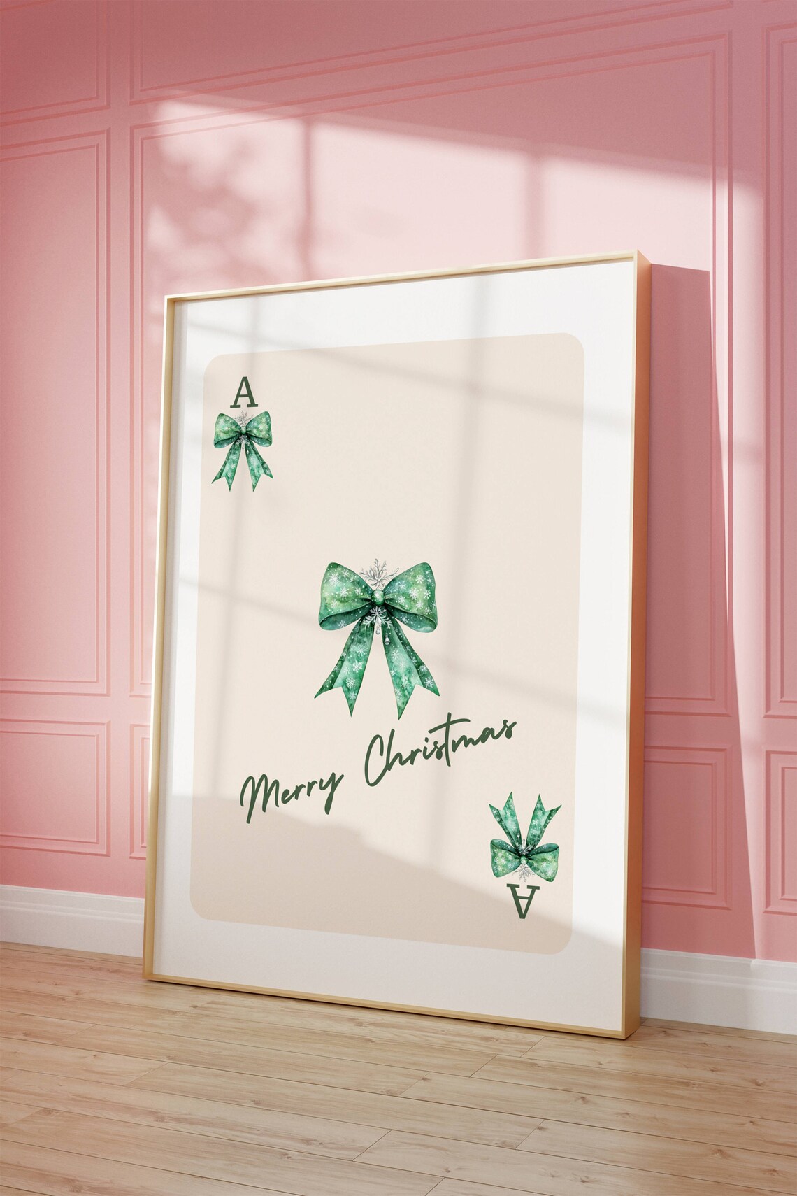 Merry Christmas Green Coquette Bow Ace Card Holiday Art Poster - Image 2