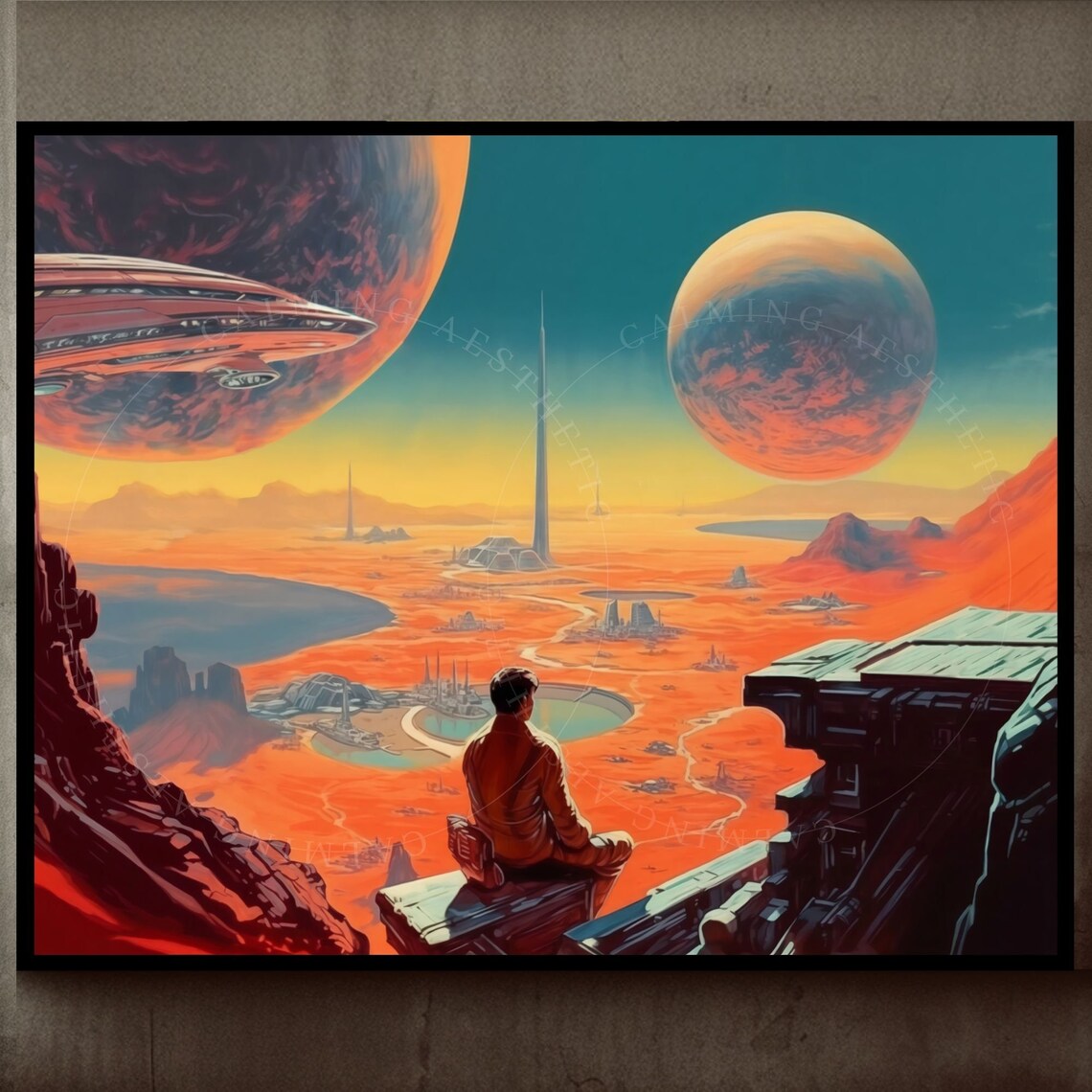 Retro Futurism Traveler Overlooking Alien City Two Moons Poster