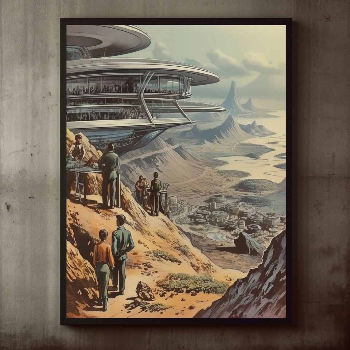 Retro Futuristic Space Terrace Over Alien Valley SciFi Poster