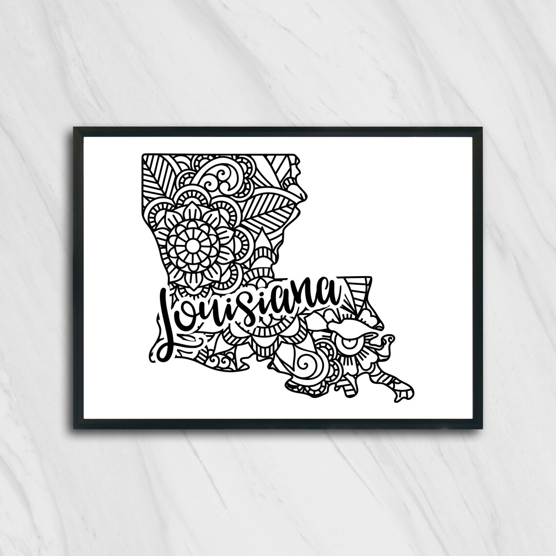 Louisiana Floral Mandala State Outline Map Black White Home Decor Poster - Image 2