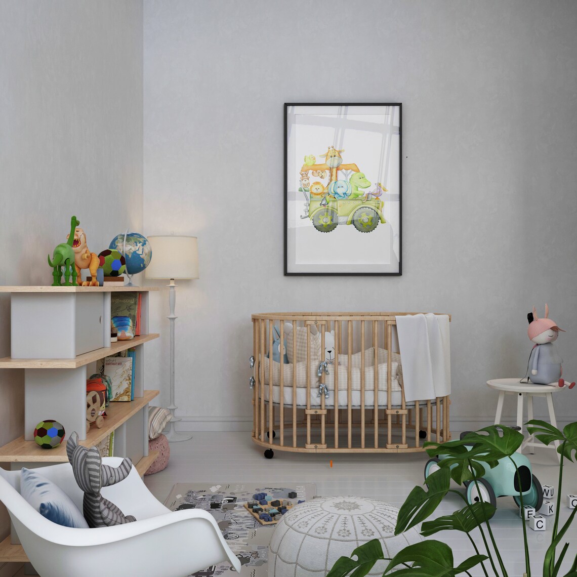Watercolor Safari Truck With Cute Animals Nursery Wall Art Kids Room Poster - Image 3