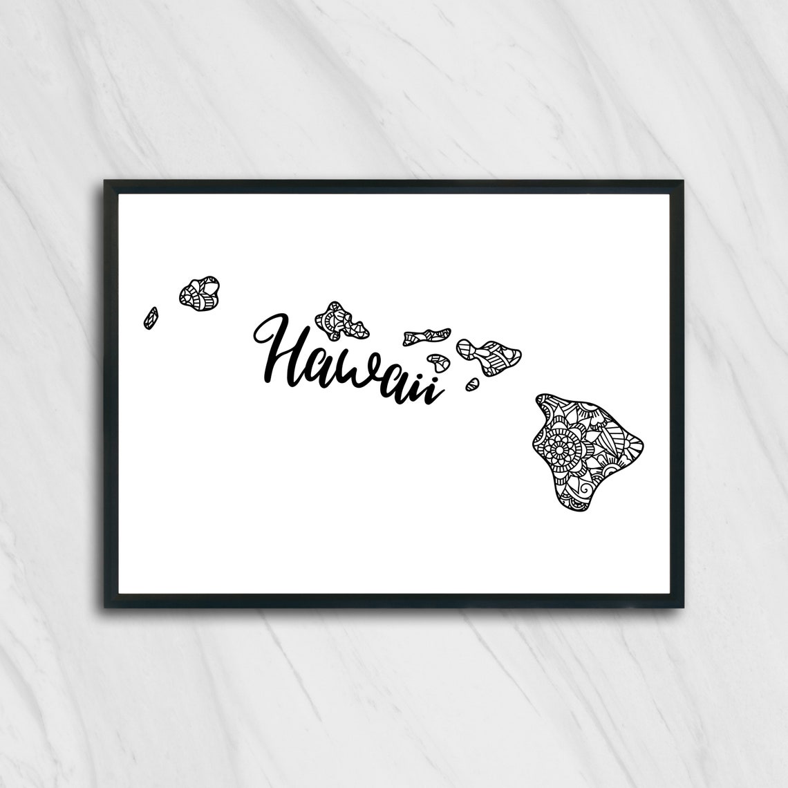 Hawaii Islands Mandala Zentangle Outline Black White Tropical Wall Art