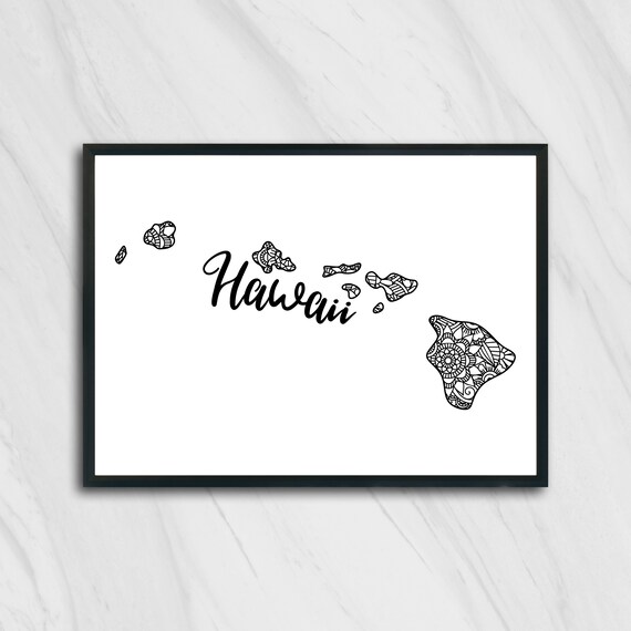 Hawaii Islands Mandala Zentangle Outline Black White Tropical Wall Art
