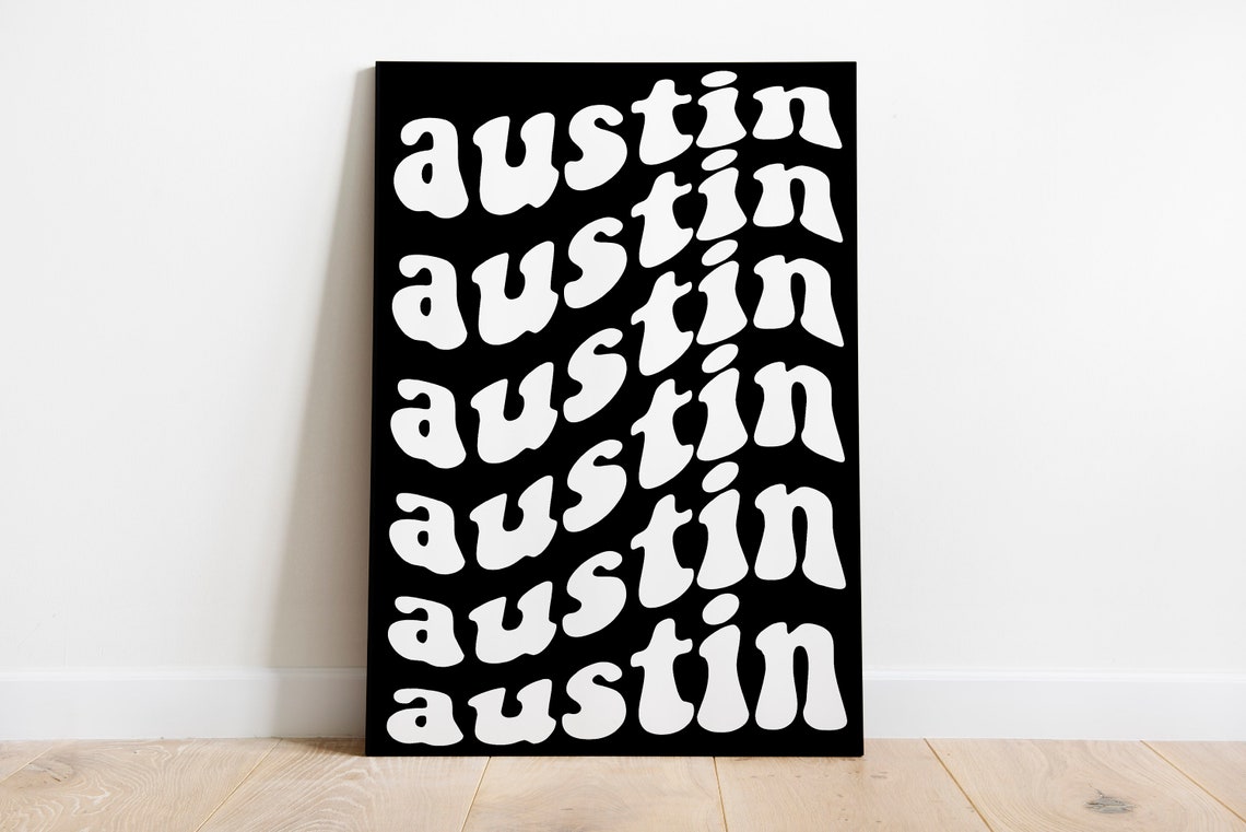 Austin Texas Retro Groovy Wavy Letters Black White City Name Wall Art