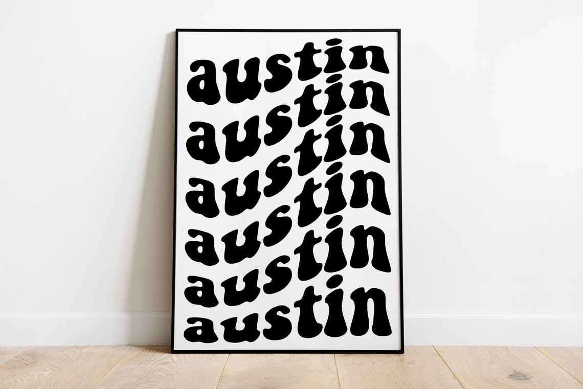 Austin Texas Retro Groovy Wavy Letters Black White Typography Wall Art