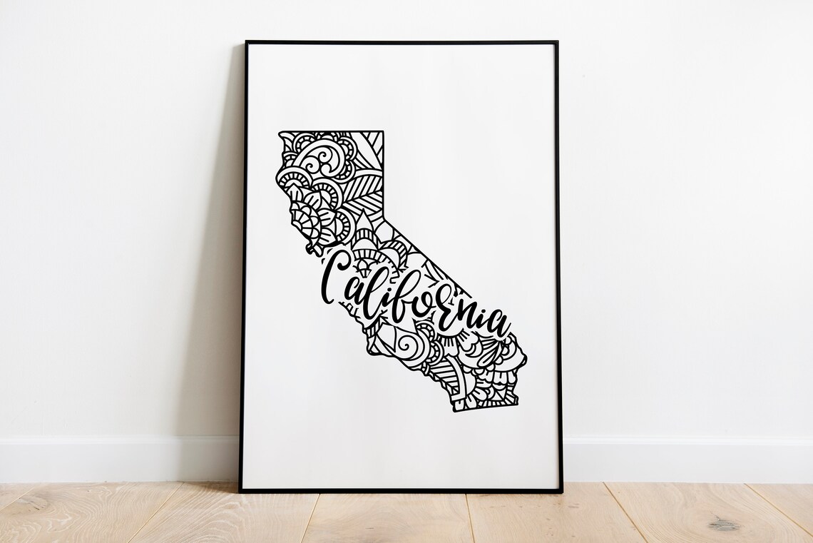 California Mandala State Outline Minimalist Black White Line Art Home Decor Poster