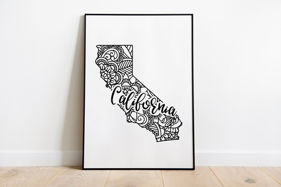 California Mandala State Outline Minimalist Black White Line Art Home Decor Poster