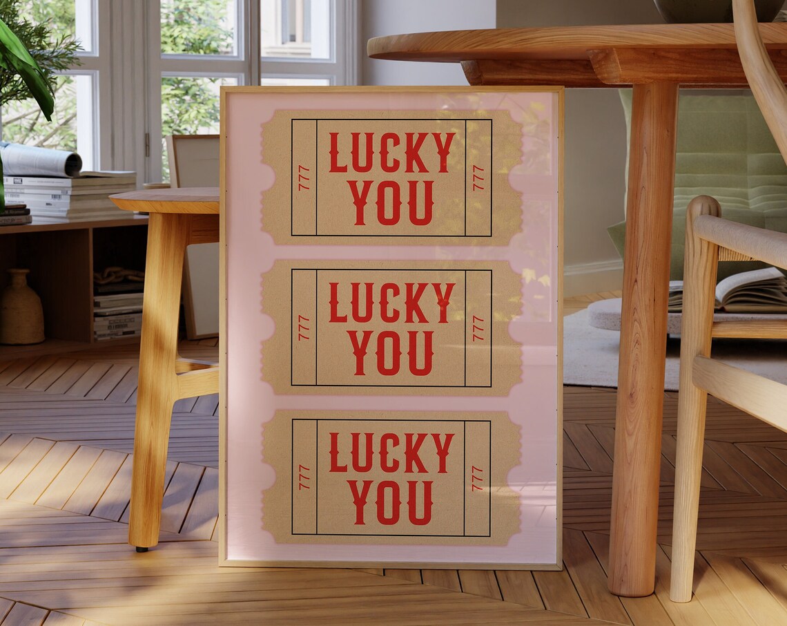 Lucky You 777 Retro Ticket Stub Pink Kraft Paper Wall Poster - Image 2