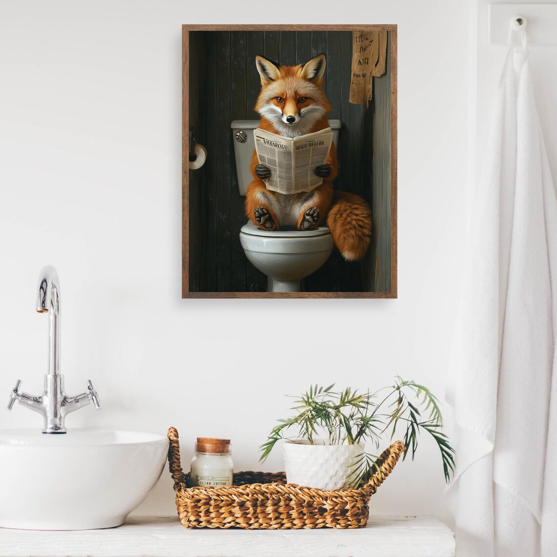 Funny Red Fox Sitting on Toilet Reading Newspaper Bathroom Poster - Image 2