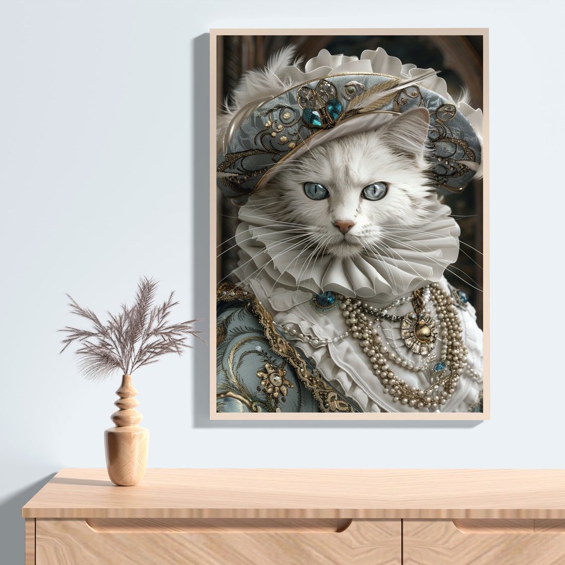White Longhaired Cat Queen in Ruff Collar and Pearls Portrait Poster - Image 2