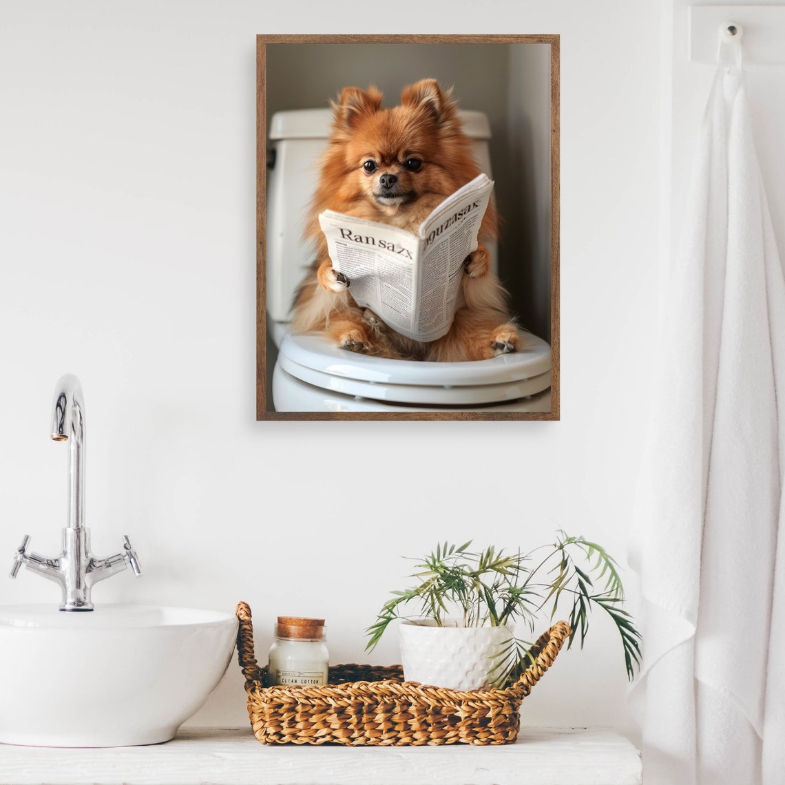 Pomeranian Reading Newspaper on Toilet Funny Bathroom Dog Poster - Image 2