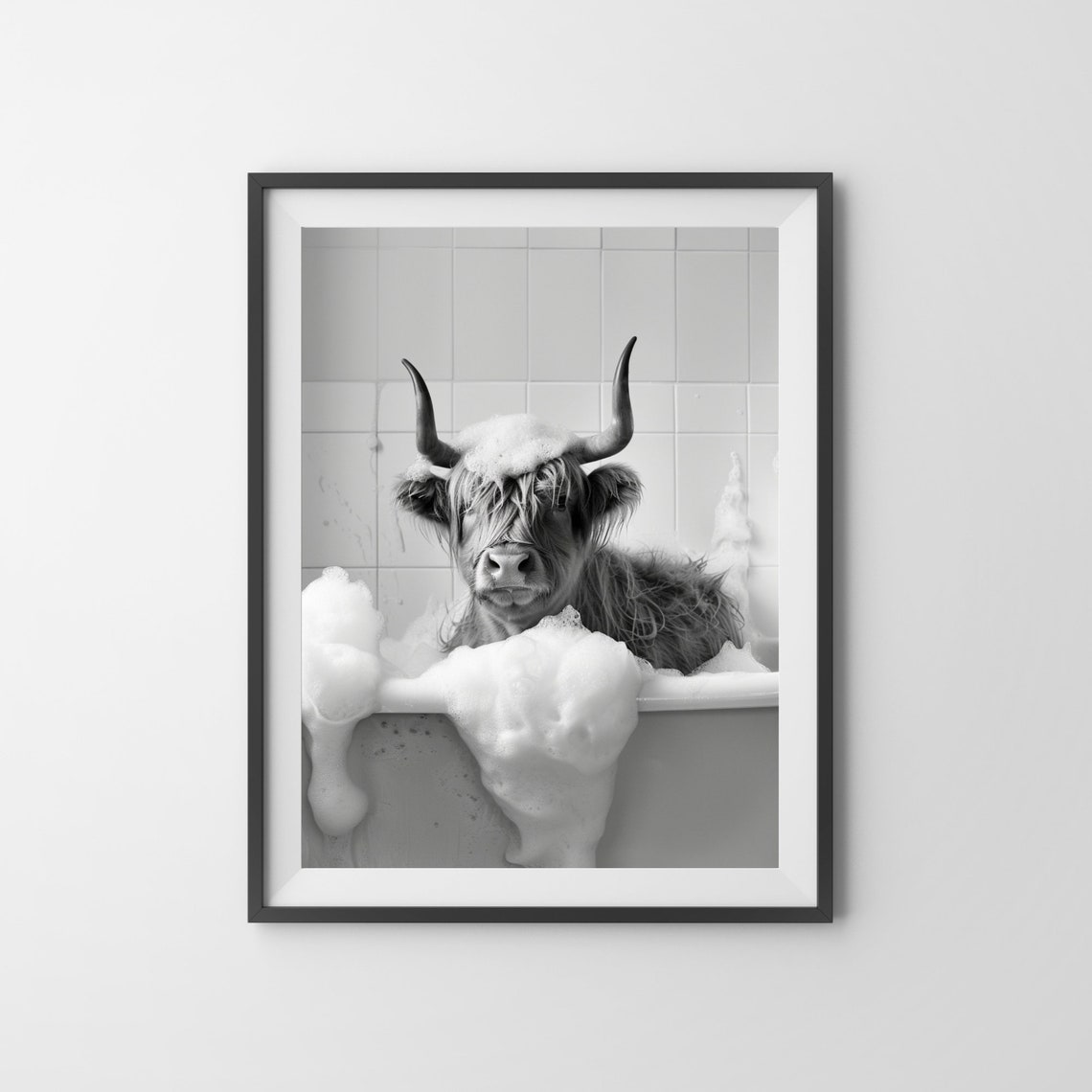 Highland Cow Enjoying a Bubble Bath With a Foam Hat Black White Poster - Image 3