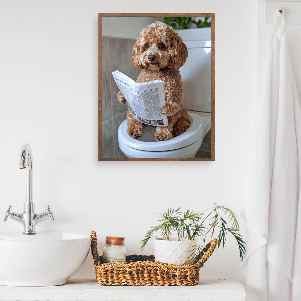 Cockapoo Puppy Reading Newspaper On Toilet Funny Dog Bathroom Poster - Image 2