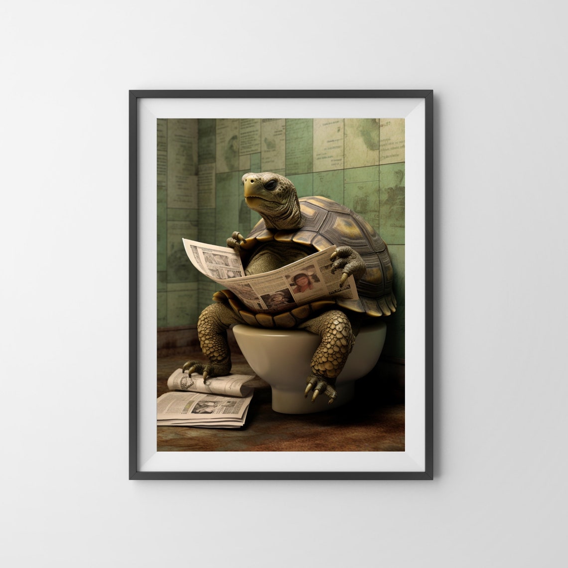 Tortoise Reading Newspaper On The Toilet Funny Bathroom Humor Poster - Image 3