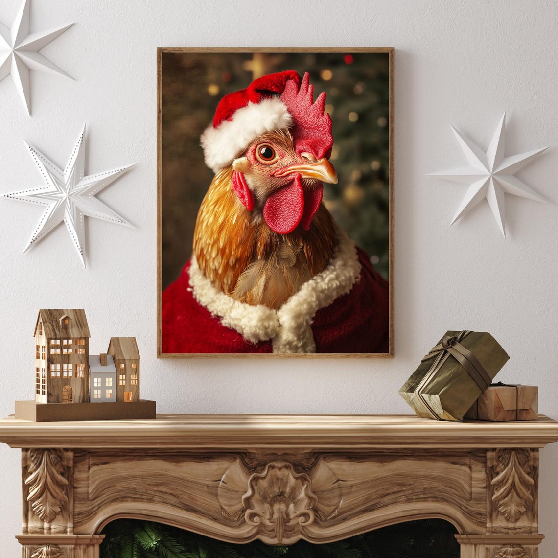 Chicken in a Santa Hat with Christmas Tree Bokeh Holiday Poster - Image 2