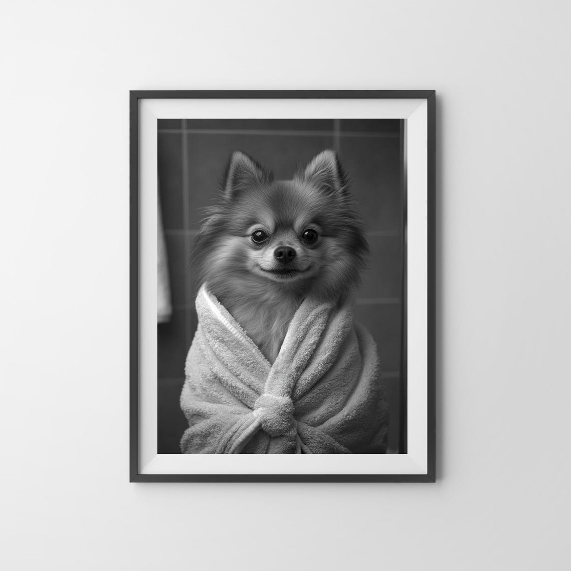 Pomeranian In A Bathrobe Funny Bathroom Wall Art Quirky Dog Print Vintage Pomeranian Photo Dog Humor Print Pomeranian Poster Ai Art - Image 3
