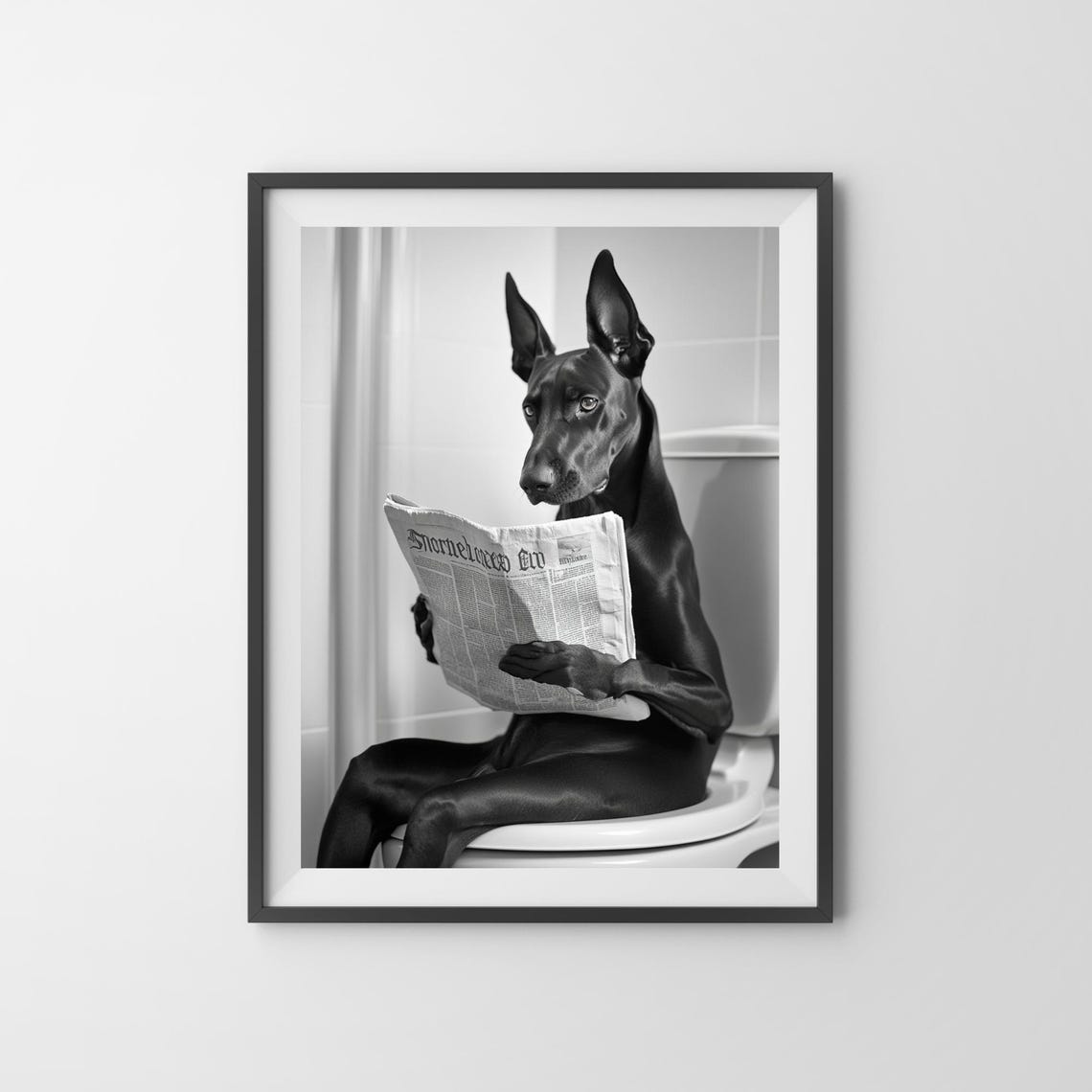 Doberman Sitting On The Toilet Reading A Newspaper Dog On Toilet Wall Art Bathroom Humor Funny Dog Art Toilet Humor Ai Art - Image 3