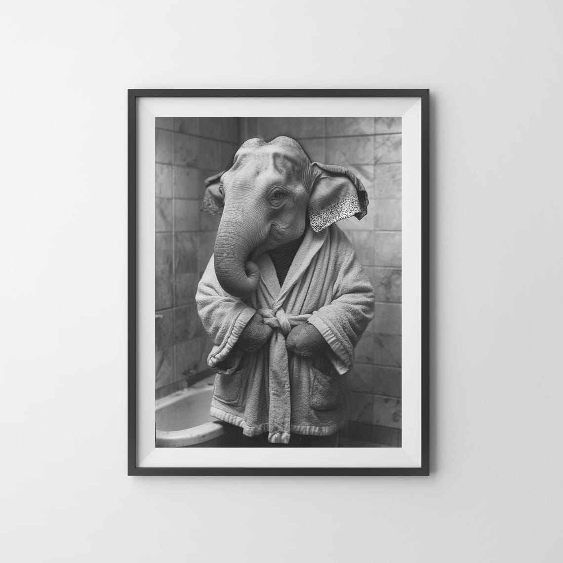 Elephant In A Bathrobe Monochrome Vintage Bathroom Humor Poster - Image 3