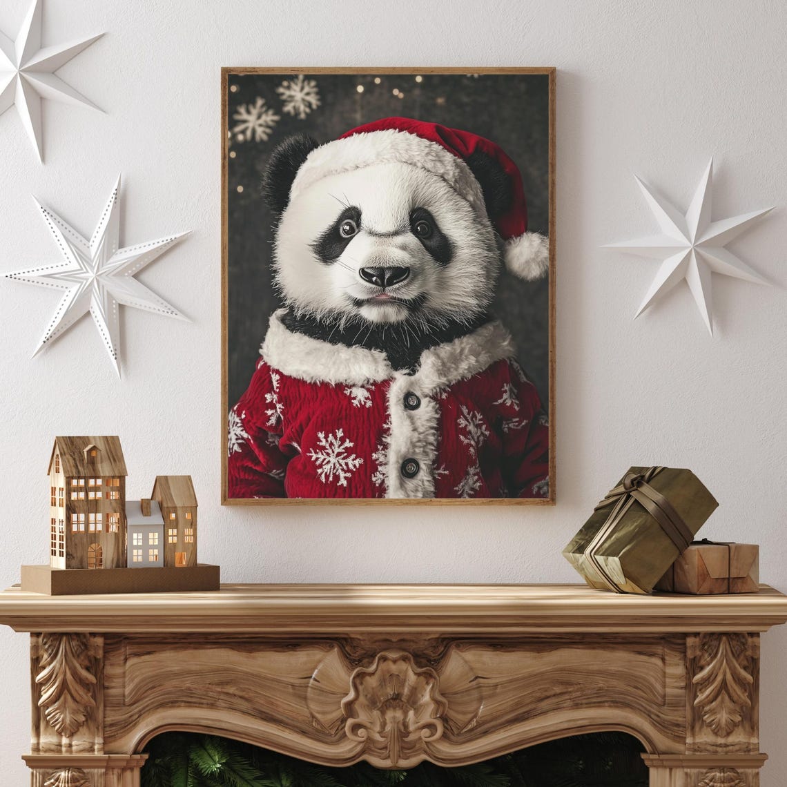 Panda Wearing Santa Hat And Snowflake Coat Festive Christmas Poster - Image 2
