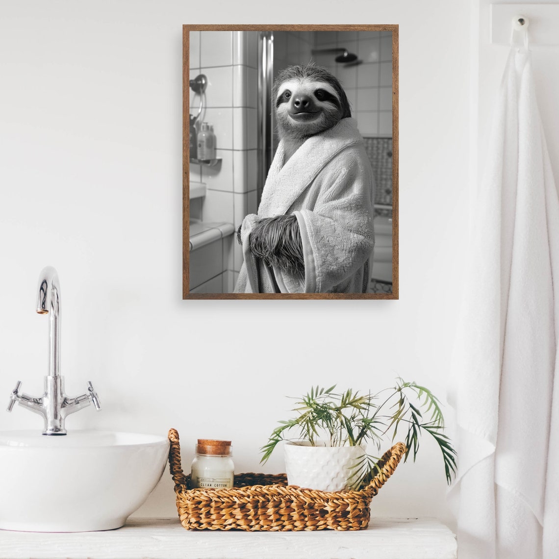 Smiling Sloth in White Bathrobe Black and White Bathroom Poster - Image 2