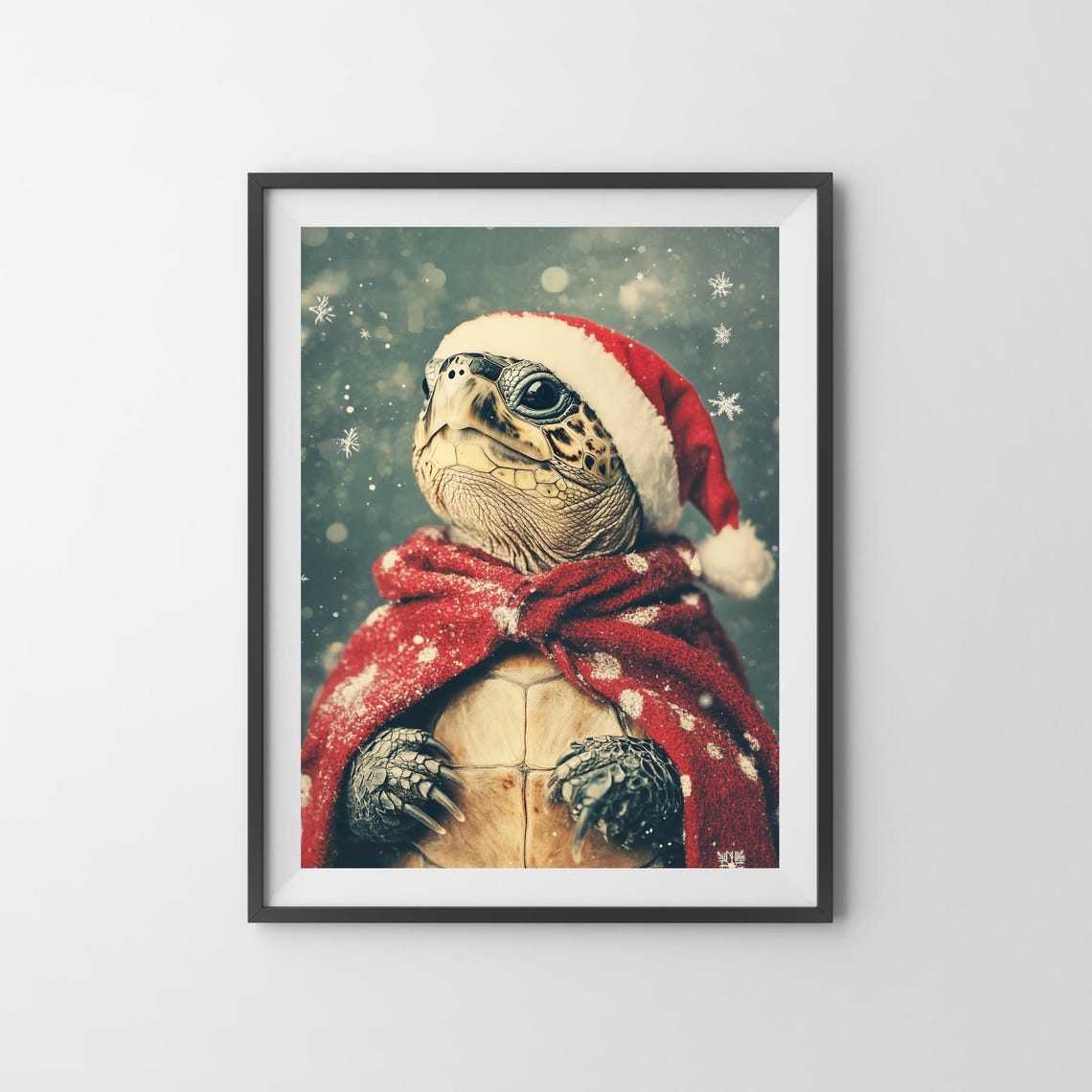 Turtle in a Santa Hat and Red Scarf Christmas Snowfall Poster - Image 3