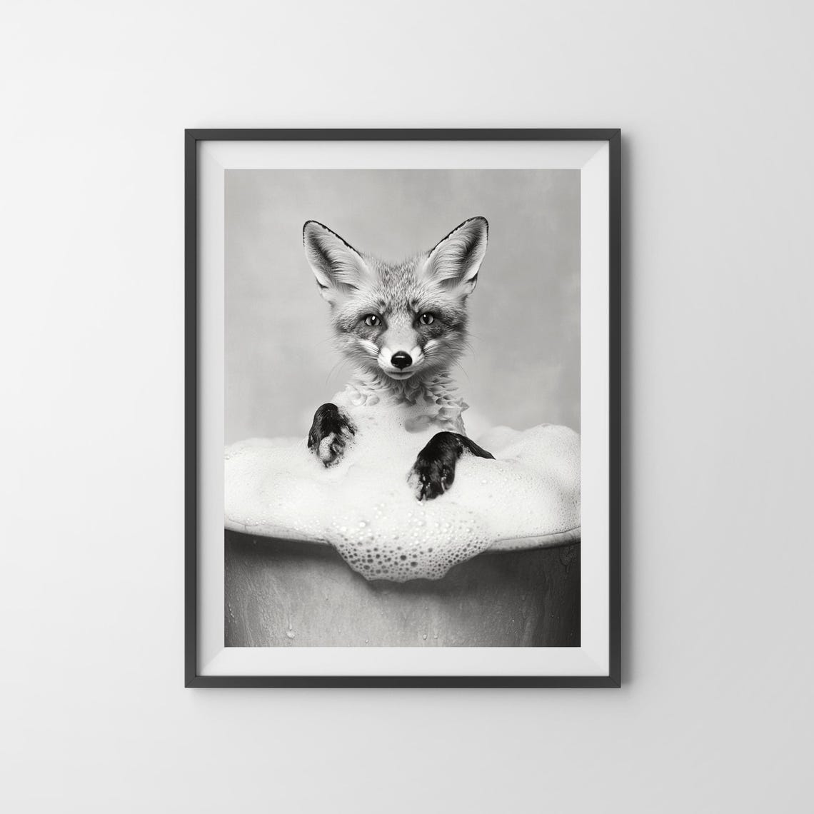 Fox Relaxing in a Bubble Bath in Black and White Funny Poster - Image 3
