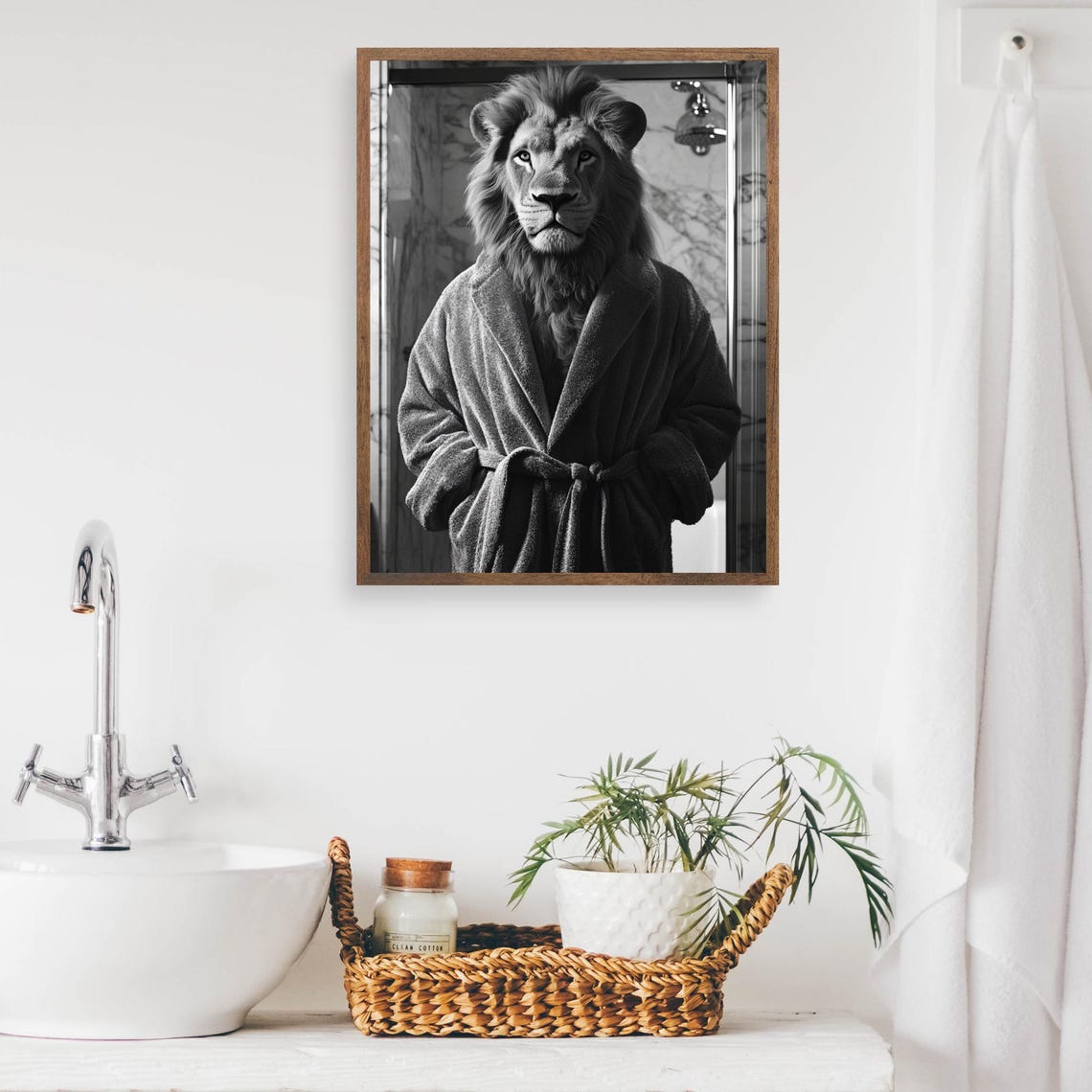 Lion in White Bathrobe Black and White Funny Bathroom Poster - Image 2