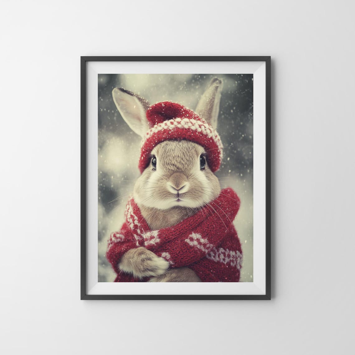 Bunny in Red Knit Hat and Scarf Posing in the Snow Cute Poster - Image 3