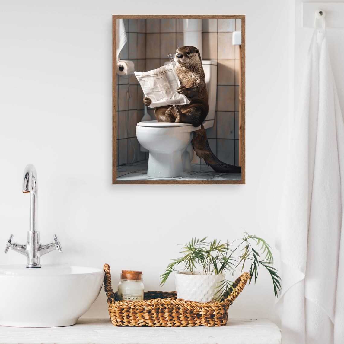 Otter Reading Newspaper on Toilet Funny Colorful Bathroom Poster - Image 2