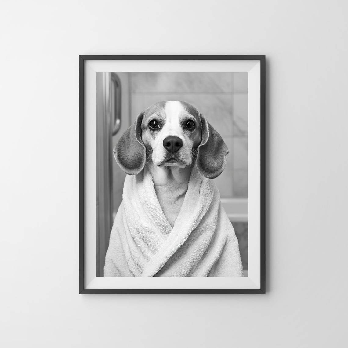 Beagle Wrapped in White Towel Black and White Funny Bathroom Poster - Image 3