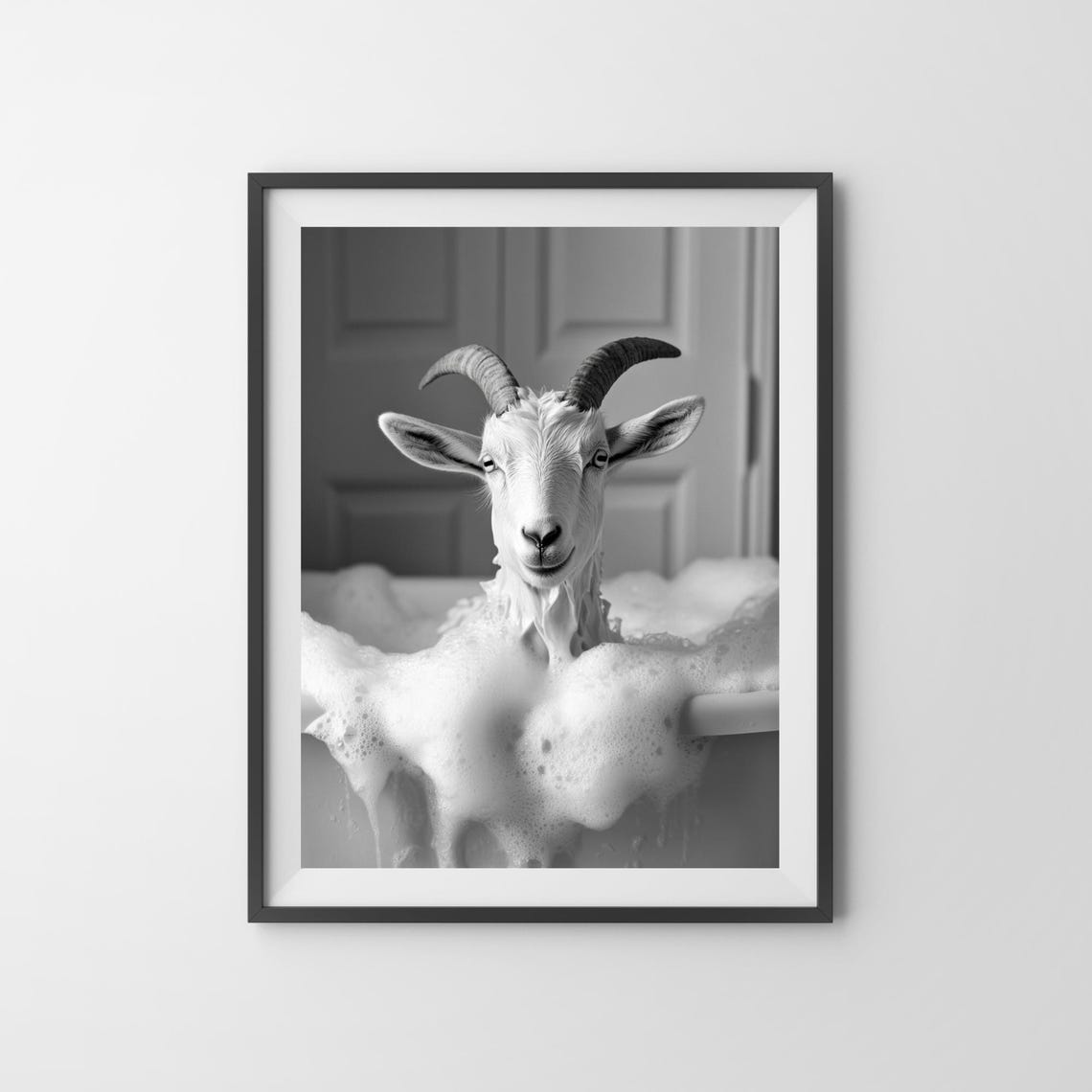 Funny Goat in a Bubble Bath Tub Black and White Bathroom Poster - Image 3