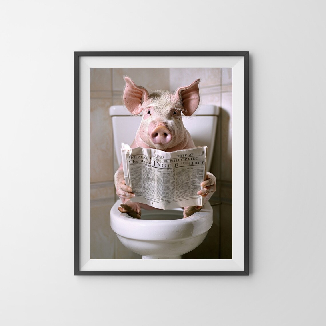 Pink Pig Reading a Newspaper on the Toilet Funny Color Bathroom Poster - Image 3