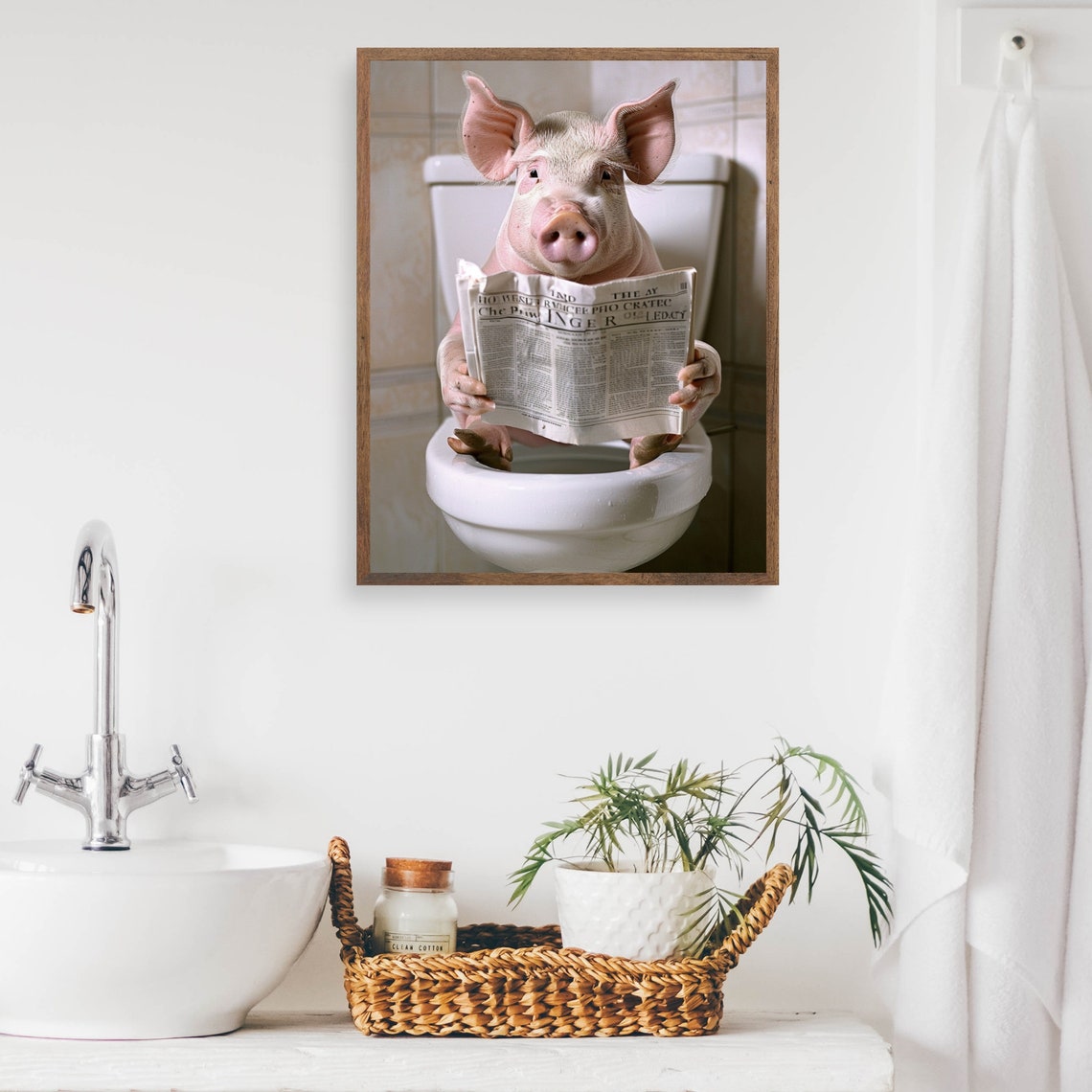 Pink Pig Reading a Newspaper on the Toilet Funny Color Bathroom Poster - Image 2