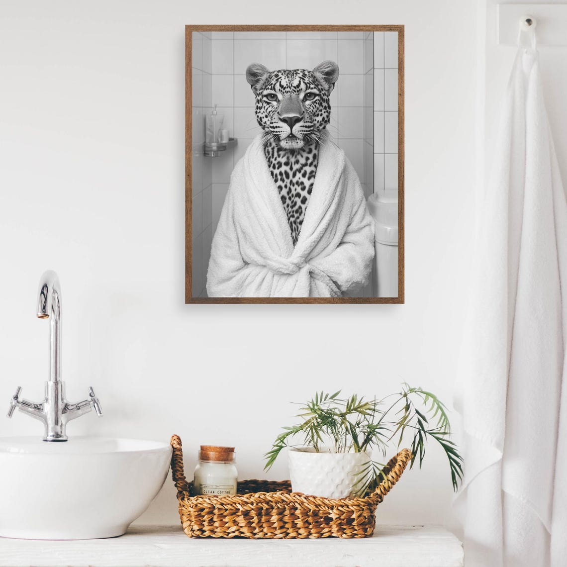 Leopard in White Bathrobe Black and White Funny Bathroom Poster - Image 2