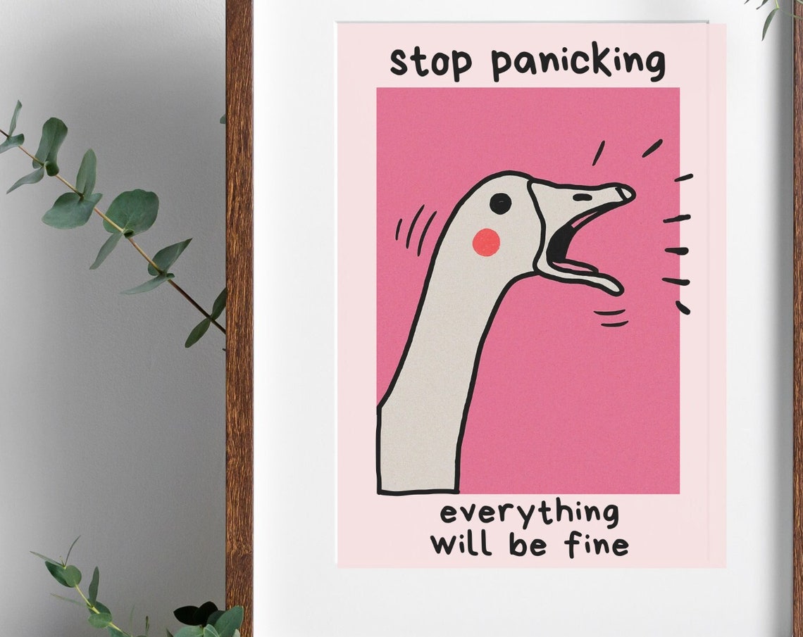 Abstract Print Motivation Wall Art Pink Aesthetic Wall Decor Poster For Room Funny Goose Cute Decor Stop Panicking