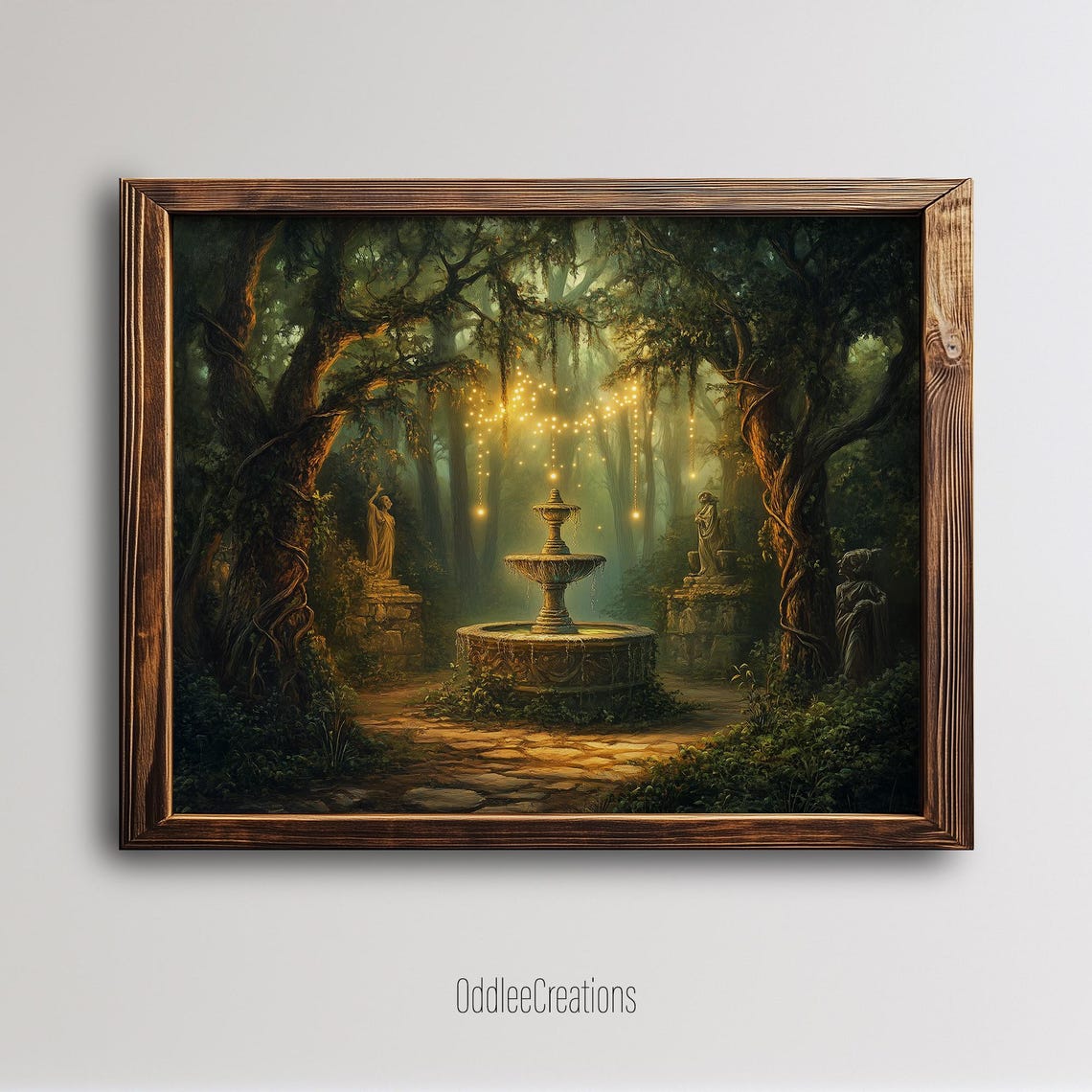 Moonlit Fantasy Forest Fountain Evening Magical Pathway Art Poster