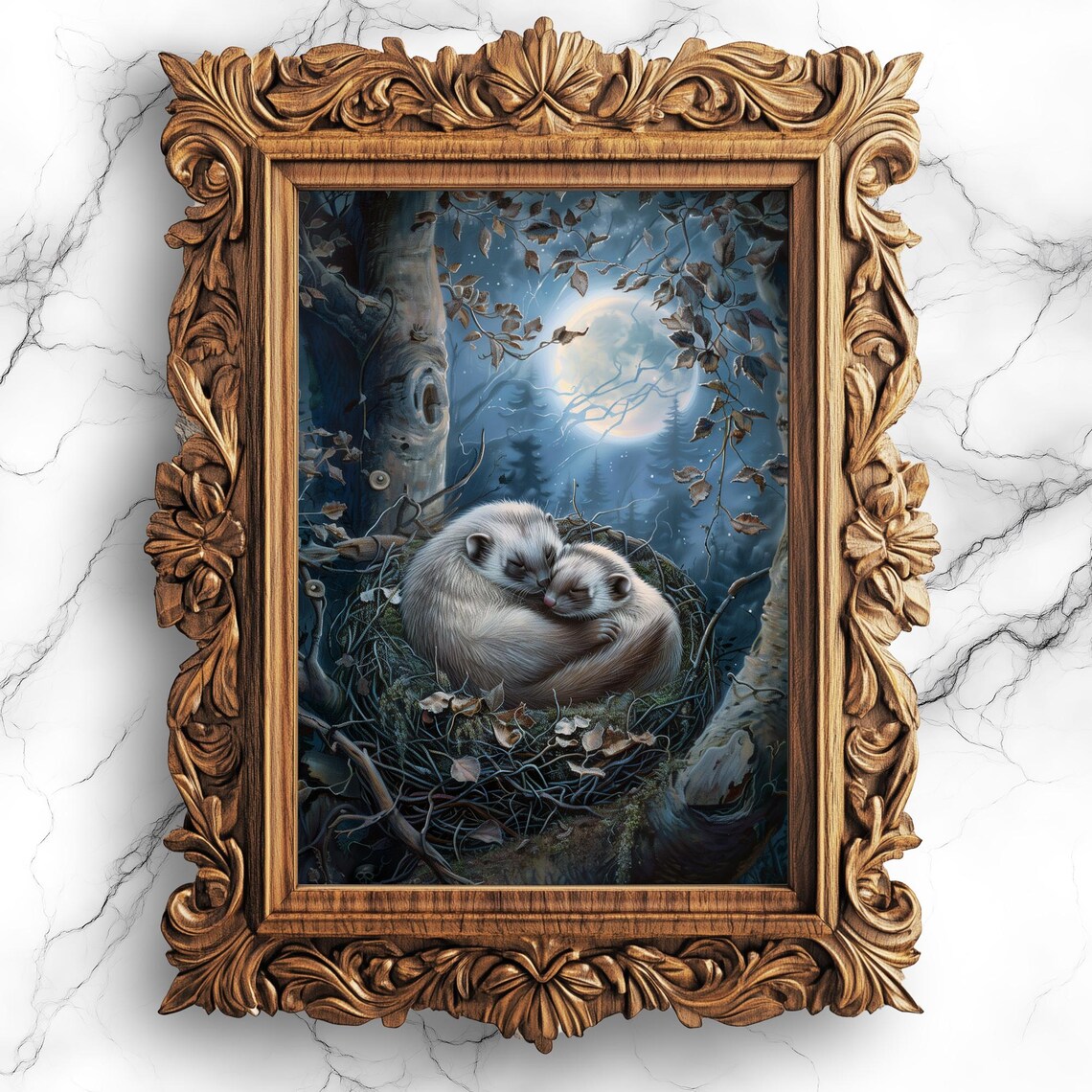 Moonlit Ferrets Sleeping Art Print, Nursery Decor