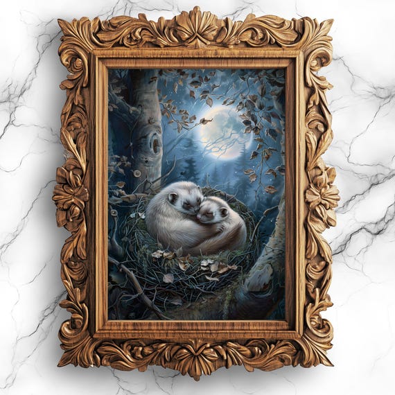 Moonlit Ferrets Sleeping Art Print, Nursery Decor