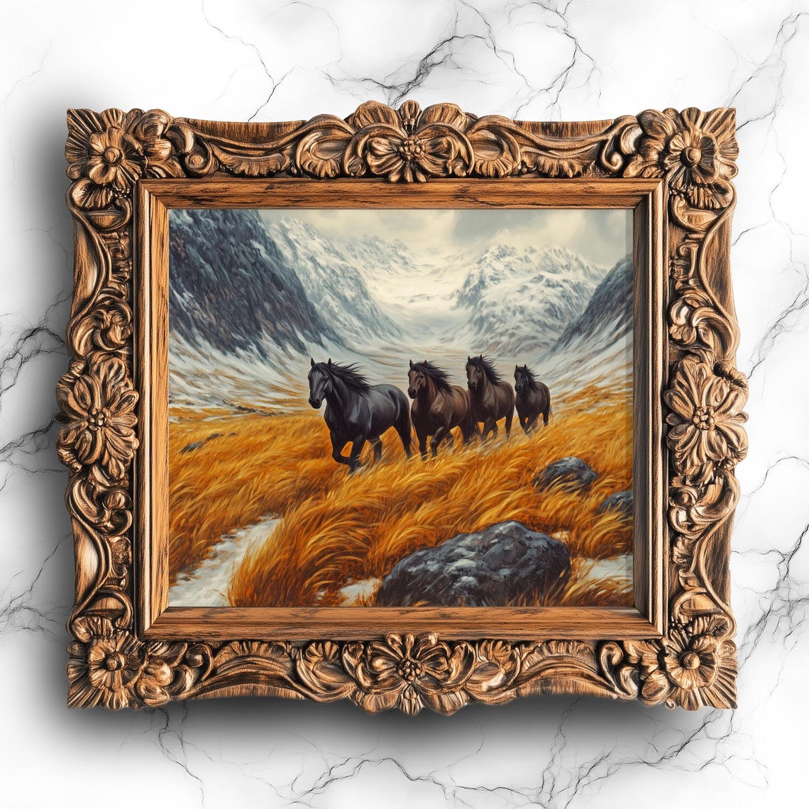 Wild Horses Misty Mountains Poster Dark Oil Painting Gothic Wilderness