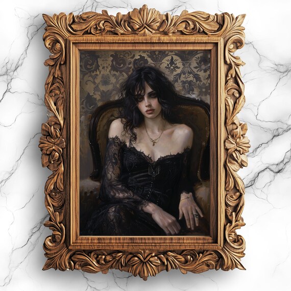 Elegant Gothic Vampire Woman In Black Lace Portrait Wall Art Decor