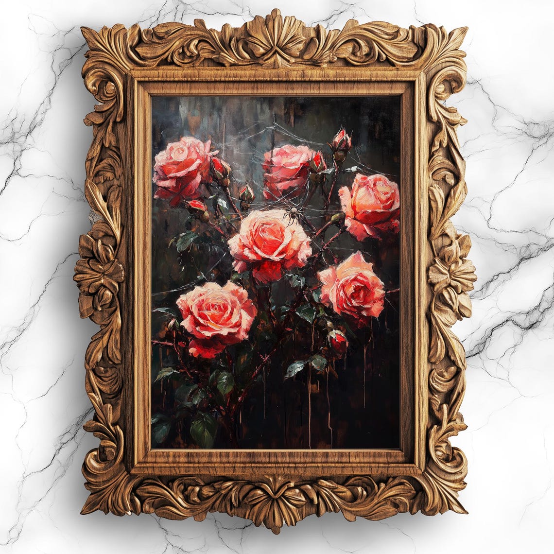 Pink Roses and Spider Web Dark Gothic Botanical Oil Painting Poster