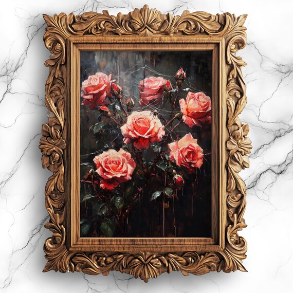 Pink Roses and Spider Web Dark Gothic Botanical Oil Painting Poster