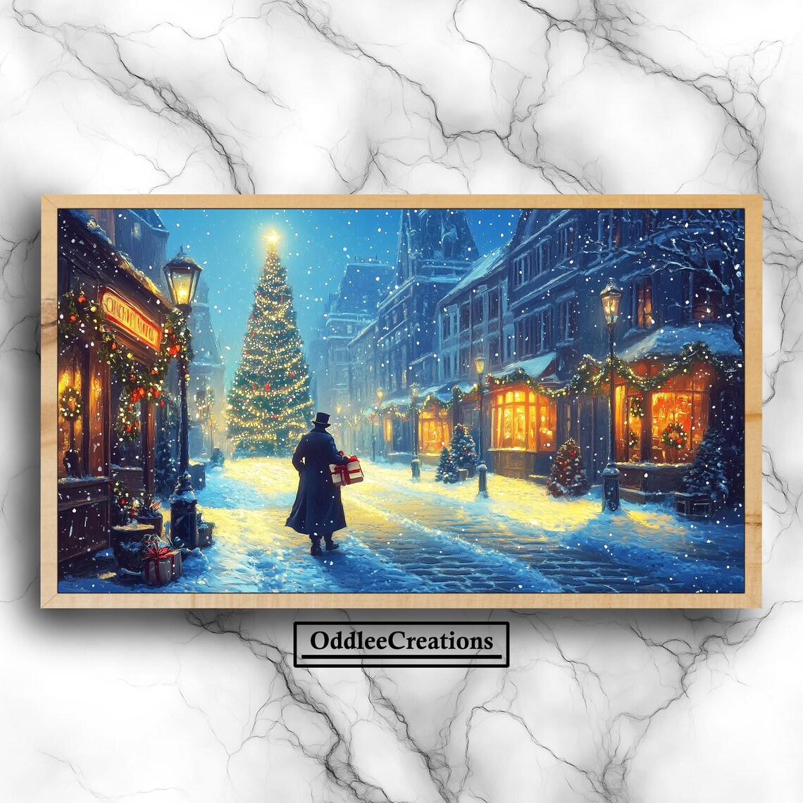 Victorian Snowy Christmas Street Gentleman Holiday Painting Poster