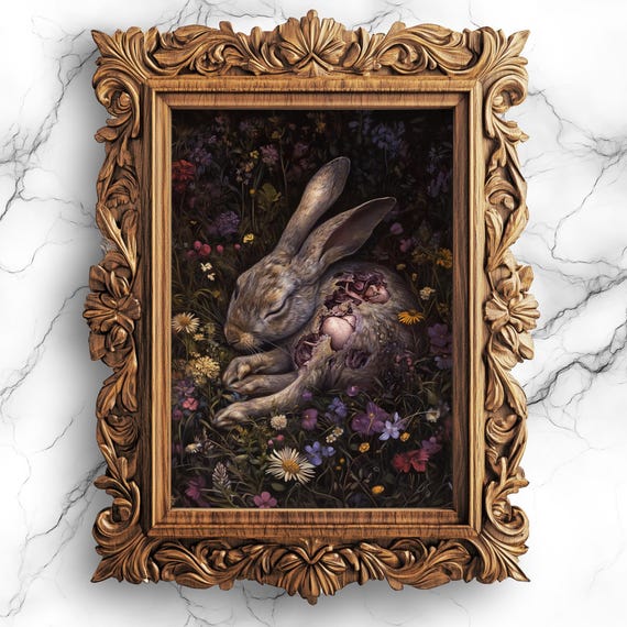 Gothic Decomposing Rabbit Art Print Surreal Bunny On Flowers Poster Eerie Home Decor Unique Dark For Living Room Ani17