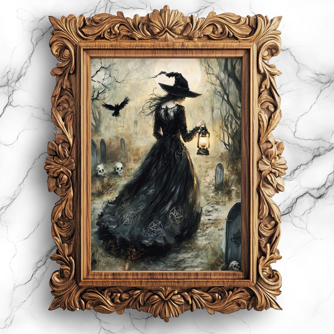 Witch Walking In Graveyard With Lantern Art Gothic Witchy Wall Decor Spooky Halloween For Dark Wit32