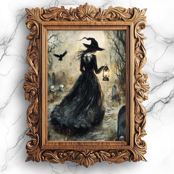 Witch Walking In Graveyard With Lantern Art Gothic Witchy Wall Decor Spooky Halloween For Dark Wit32