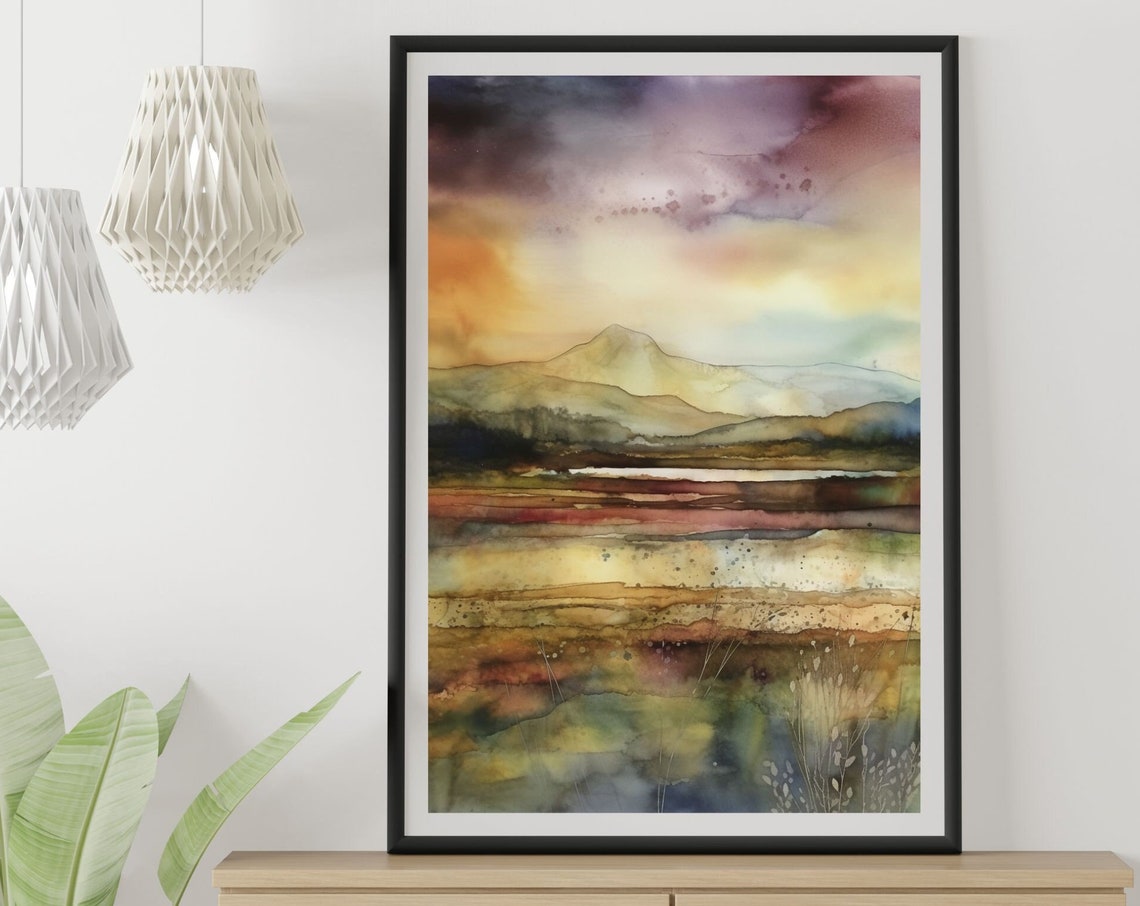 Abstract Mountain Lake Sunset Watercolor Landscape Painting Poster