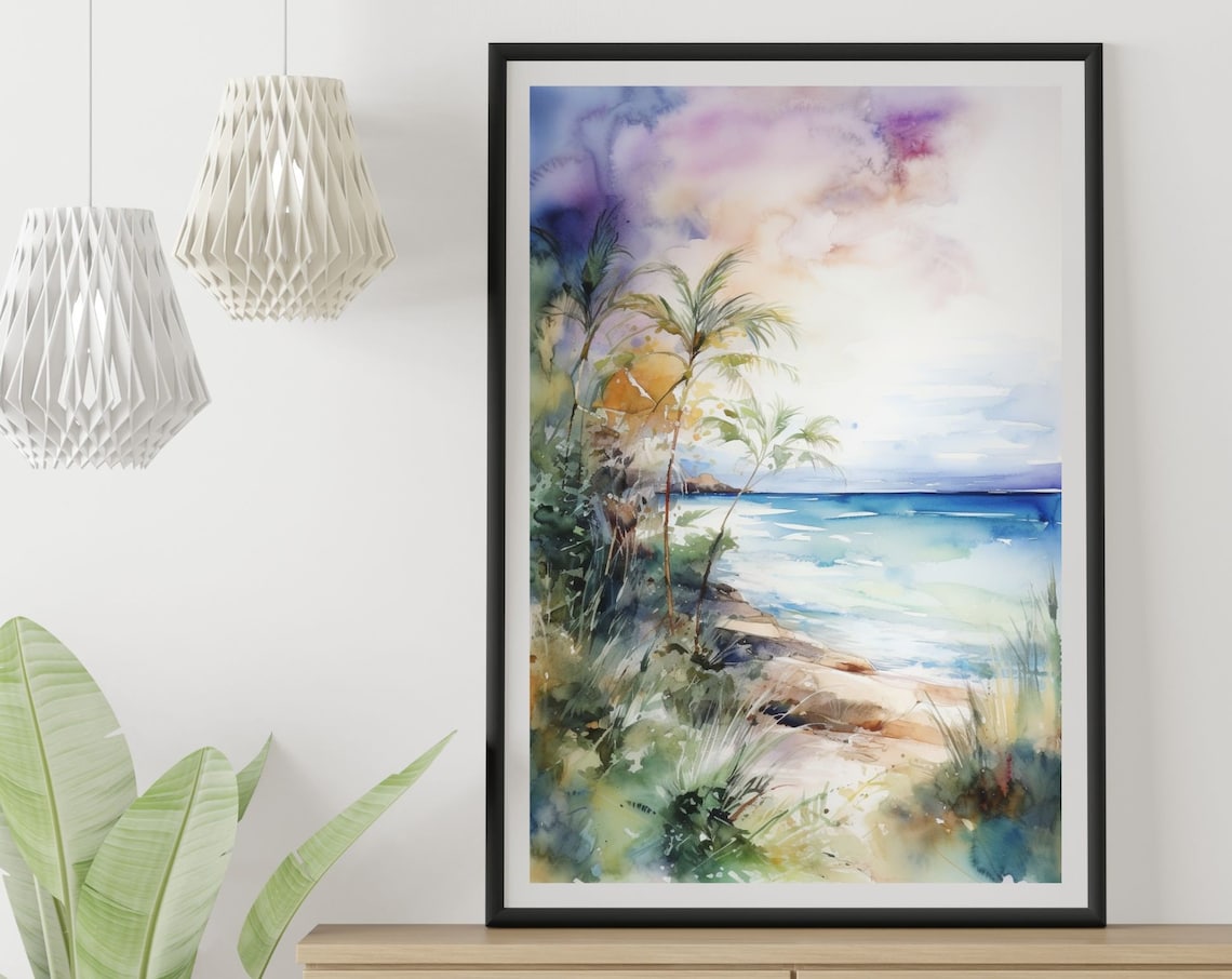 Beach Paradise Watercolor Art Print, Ocean Scene